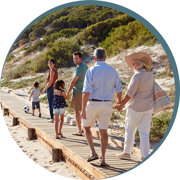 Exended family walking on beach boardwalk