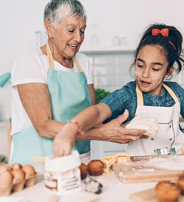 Older woman and young girl baking
