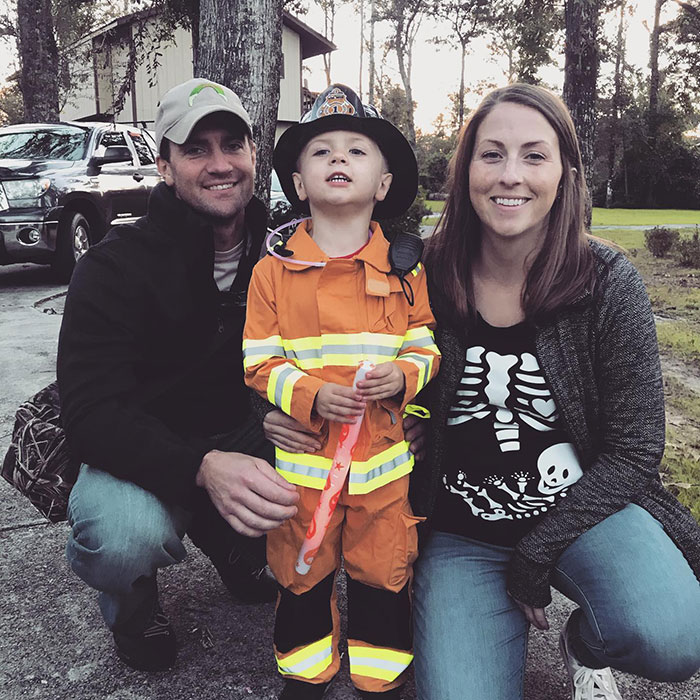 Maggie, husband and son at Halloween